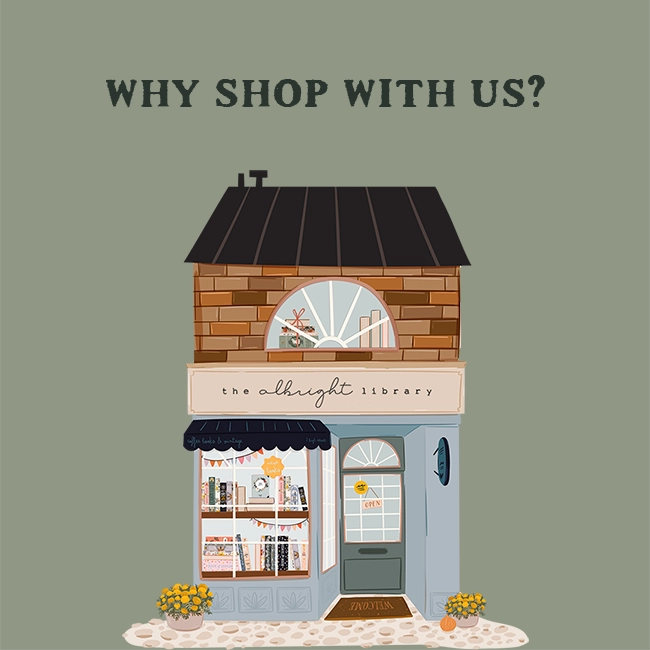 Illustration of a quaint bookstore named 'the albright library' with text 'WHY SHOP WITH US?' above.