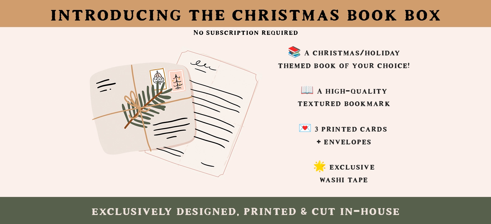Promotional graphic for a Christmas book box with cards, bookmarks, and washi tape.