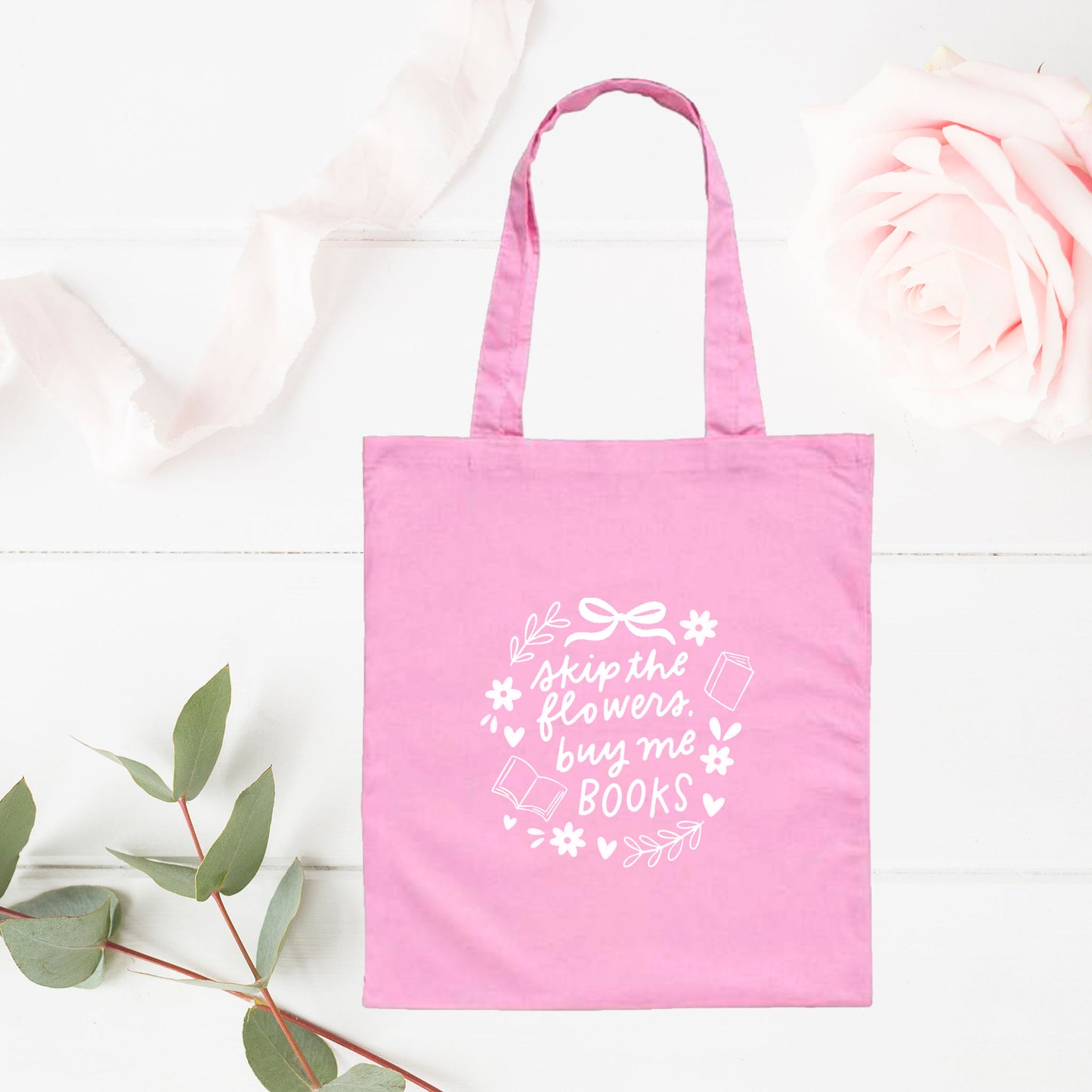 Skip The Flowers Buy Me Books Embroidered Cotton Tote Bag