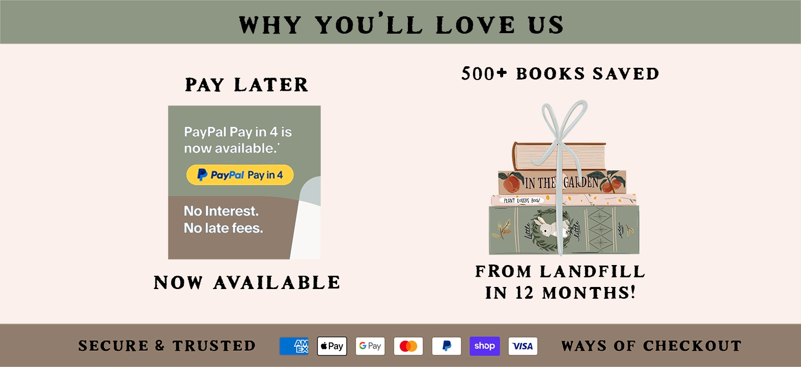 Promotional banner for a book retailer with text about PayPal Pay in 4, saved books from landfill, and checkout options.