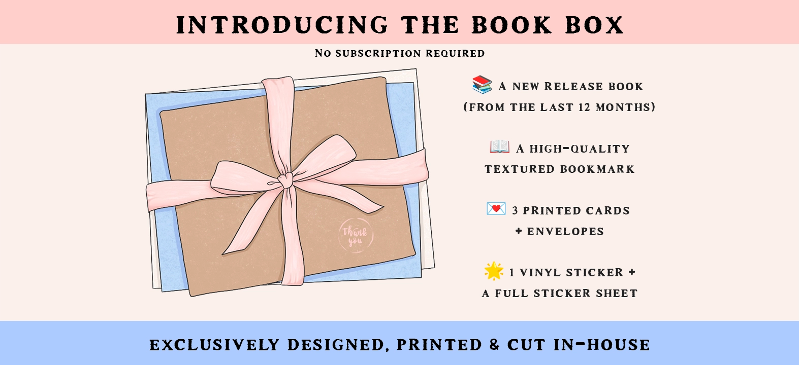 Promotional graphic for a book box with text and an illustration of a wrapped book.