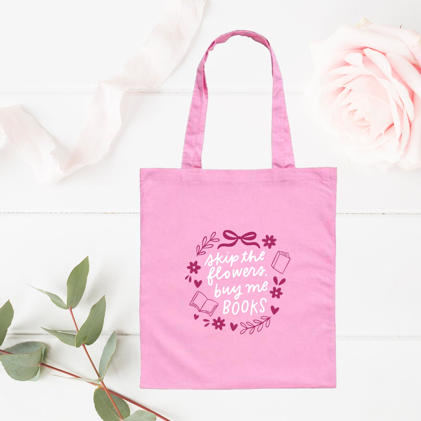 Skip The Flowers Buy Me Books Embroidered Cotton Tote Bag